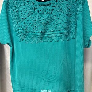 Women’s Teal Lace Yoke Short Sleeve Top